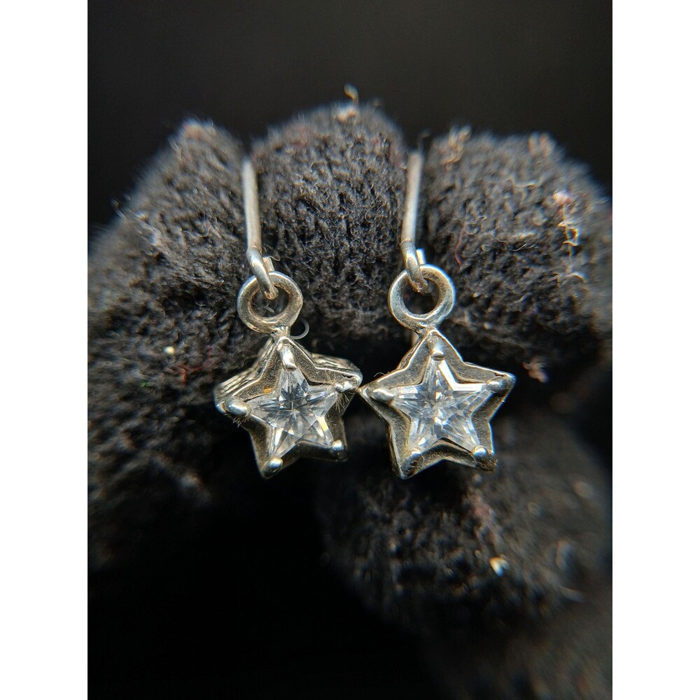 Sterling Silver 925 CZ Star Dangle Earrings ~1"